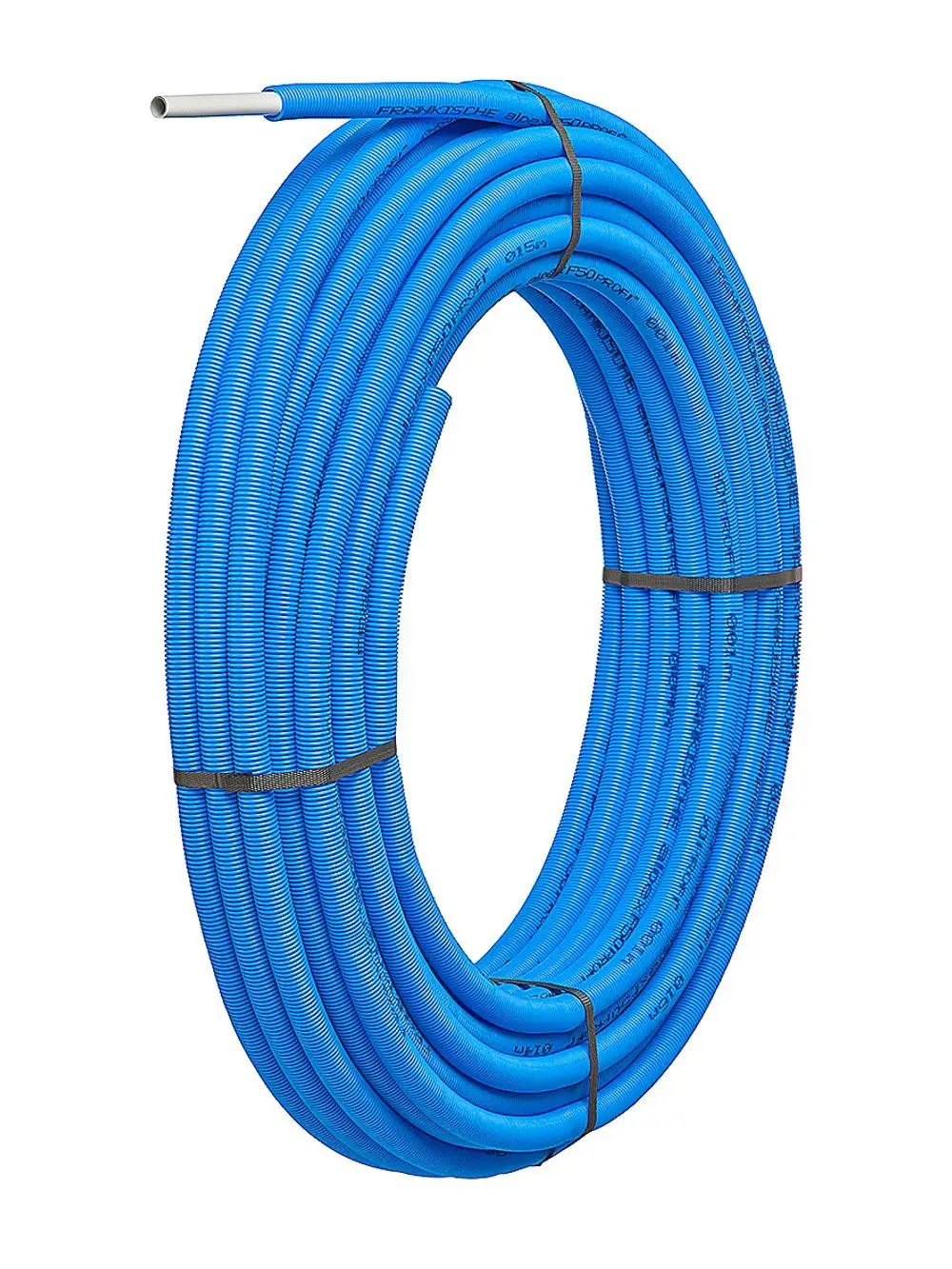 Blauer, spiralförmiger Schlauch, aufgerollt und mit einem Band gesichert. Hergestellt von Fränkische, geeignet für verschiedene Anwendungen im Bauwesen.